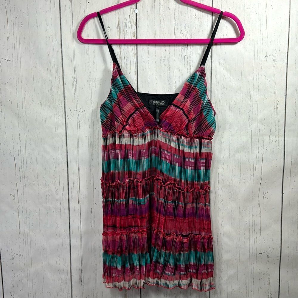 Buffalo David Britton Women 100% Silk Tank Top Ruffle Plaid Tiered Fairy Boho - Picture 1 of 16